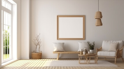 Fototapeta na wymiar Mockup frame in farmhouse living room interior, 3d render