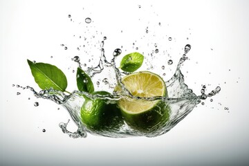 Water splash on color background with lime slices, mint leaves, and ice cubes as a concept for summertime. AI generated