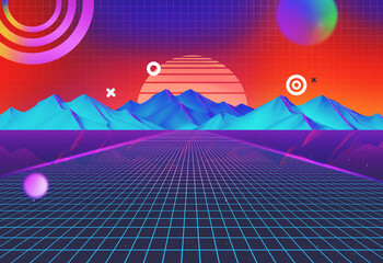 Holographic illustration in 80's memphis style Neon colored new retro futuristic collage Laser grid landscape road to mountains