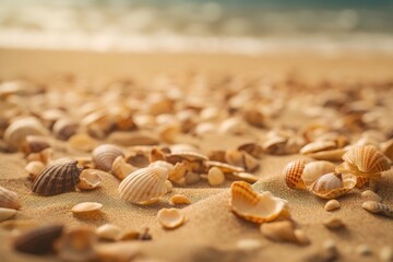 Fototapeta na wymiar Summer concept sandy beach background with seashells. AI generated