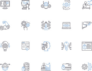 Server outline icons collection. Server, Hosting, Servers, Web-Server, Database, DNS, Virtual vector and illustration concept set. Rack, Cloud, Linux linear signs