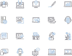 Working outline icons collection. Employing, Occupying, Laboring, Functioning, Earning, Performing, Executing vector and illustration concept set. Operating,Plying,Acting linear signs