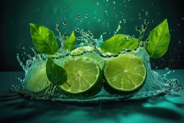 Obraz na płótnie Canvas Water splash on color background with lime slices, mint leaves, and ice cubes as a concept for summertime. AI generated