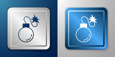 White Bomb ready to explode icon isolated on blue and grey background. Silver and blue square button. Vector