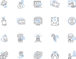 Shopping outline icons collection. Bargain, Buy, Store, Mall, Item, Outlet, Retail vector and illustration concept set. Purchase, Market, Search linear signs