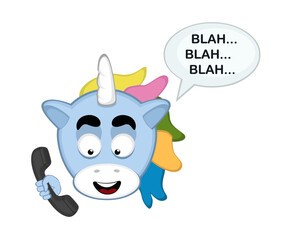 vector illustration face of unicorn cartoon talking on the phone and a speech bubble with the text blah