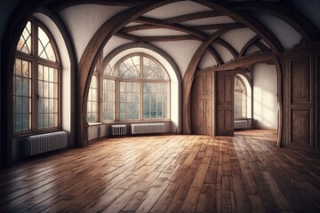 Fototapeta na wymiar rustic parquet wooden floors in interior of house with arched windows, created with generative ai