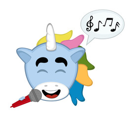 vector illustration face of a cartoon unicorn singing with a microphone in hand, a speech bubble and musical notes