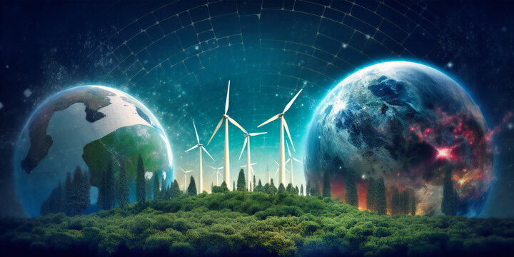 ecology design with solar system and wind turbines © SK
