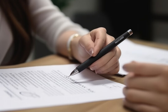Hand of young woman holding a pen pointing to document and mark correct sign for standard quality control certification assurance concept