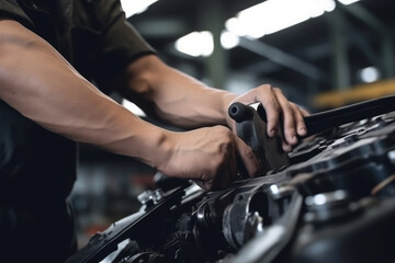 Mechanic using wrench while working on car engine at garage workshop, Car auto services and maintenance check concept