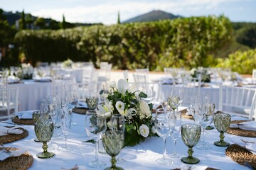 Closeup shot of a white decorated table for a wedding venue