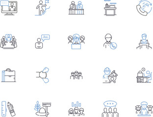 Empoyee outline icons collection. Employee, Staff, Worker, Personel, Team, Member, Associate vector and illustration concept set. Colleague, Personnel, Operator linear signs