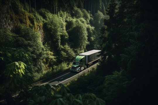 Bonnet bright green big rig semi truck with high roof cab transporting cargo in reefer semi trailer driving on the awesome highway road along the mountain with forest in Columbia Gorge. Generative AI