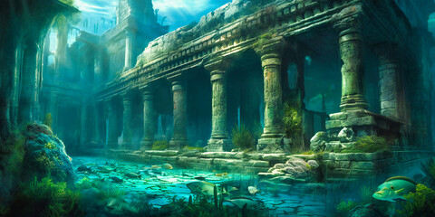 underwater archaeological monument with sea animals underwater ancient monument underwater - obrazy, fototapety, plakaty