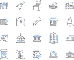 Construction and architecture outline icons collection. Building, Construction, Architecture, Design, Structures, Engineering, Manufacture vector and illustration concept set. Renovation, Supplies