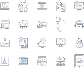 Electronic store outline icons collection. Electronics, Store, Shop, Retail, Gadgets, Outlet, Supplies vector and illustration concept set. Items, Products, Appliances linear signs