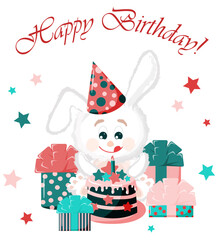 Cute white bunny with a birthday cake and gifts on white background with colorful stars. Cartoon vector illustration with copy space for greeting card, poster, print.
