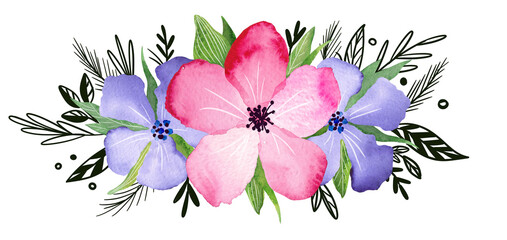 Watercolor painting of flowers as a floral design element. It consists of pink and purple flowers, leaves and graphic decorations. Can be used for decorating invitations, cards, postcards
