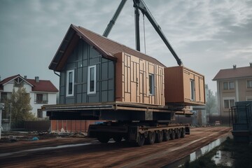 Delivery and installation of a modular frame house. Frame construction of small houses. Modular housing construction. Your house. An inexpensive house. Generative AI