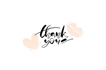 Thank you lettering. Ink hand written phrase with textured lips and heart icons. Vector design for cards, stickers, banners, social media, prints.