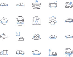 Transport service outline icons collection. Transportation, Shipping, Delivery, Courier, Logistics, Freight, Moving vector and illustration concept set. Hauling, Cruise, Rail linear signs