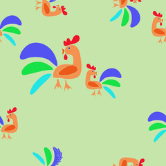 Seamless stylized colored roosters. Hand drawn.