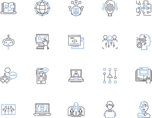 Geek nerds outline icons collection. Geeks, Nerds, Hackers, Gamers, Techies, Programmers, Computer-Enthusiasts vector and illustration concept set. IT-Experts,Boffins,Code-Gurus linear signs