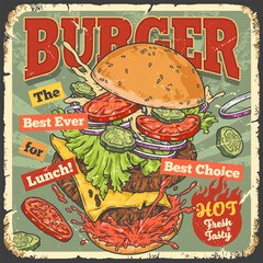 Burger exploded vintage poster colorful