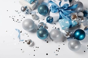 Top view photo of blue white and silver baubles disco balls big present boxes with ribbon bows and confetti. AI generative