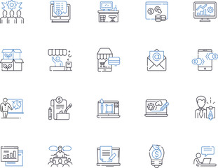 Business startup outline icons collection. Entrepreneur, Investment, Plan, Market, Management, Growth, Customers vector and illustration concept set. Advertising, Profitability, Financing linear signs