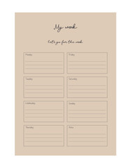 week printable template Vector. Simple Easily plan out of your day. Simple Clear Vector illustration design.