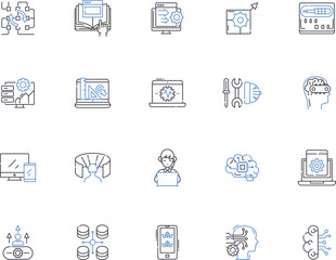 Programm outline icons collection. Program, Programm, Programming, Plans, Scripts, Algorithms, Codes vector and illustration concept set. Fluency, Syntax, Apps linear signs