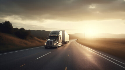 Obraz na płótnie Canvas Truck on road in sunlight, arial picture, generative AI