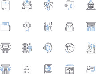 University outline icons collection. University, College, Institution, Campus, Education, Studying, Learning vector and illustration concept set. Teaching, Degrees, Majors linear signs
