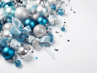 Top view photo of blue white and silver baubles disco balls big present boxes with ribbon bows and confetti. AI generative