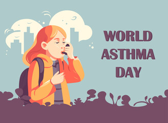 world asthma day. a girl uses an asthma inhaler against an attack. allergies, bronchial asthma. Vector illustration - obrazy, fototapety, plakaty