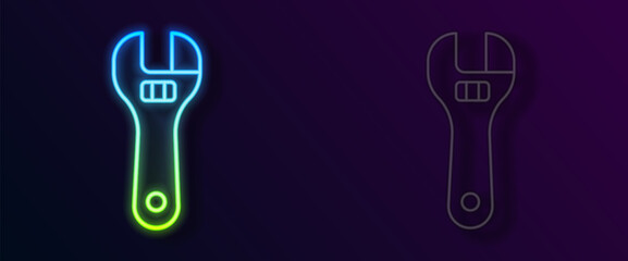 Glowing neon line Adjustable wrench icon isolated on black background. Vector