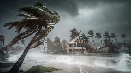 strong wind hurricane та island flood disaster .Generative AI - obrazy, fototapety, plakaty
