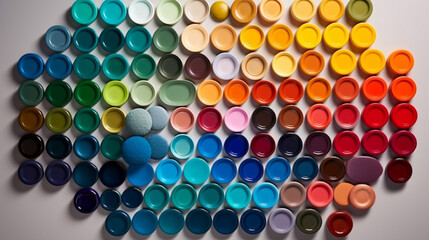 Multicolored plastic caps for paints on a white background close-up Generative AI