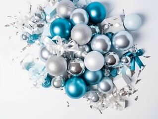 Top view photo of blue white and silver baubles disco balls big present boxes with ribbon bows and confetti. AI generative