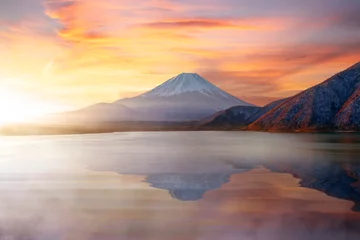 Fotobehang Fuji Lake kawaguchiko and Mount fuji morning mist sunrise light travel in japan