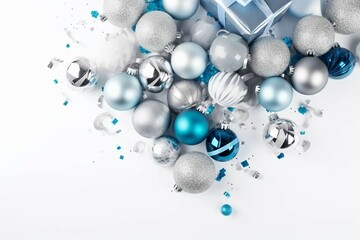 Top view photo of blue white and silver baubles disco balls big present boxes with ribbon bows and confetti. AI generative