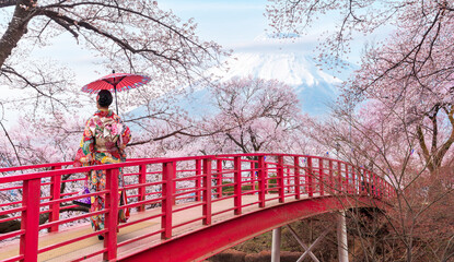 Woman traveller with a red umbrella and walking over the bridge with Fuji mountain and Sakura...