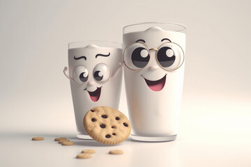Cartoon drawing of smiled milk glass with a cookies to encourage children drinking milk for Drinking milk's Day ,Generative AI