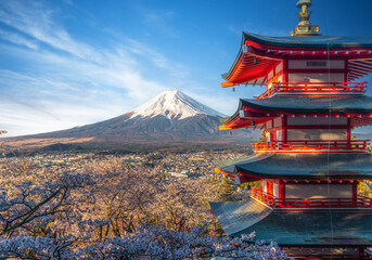 Red chureito pagoda with cherry blossom and Fujiyama mountain on the night - obrazy, fototapety, plakaty