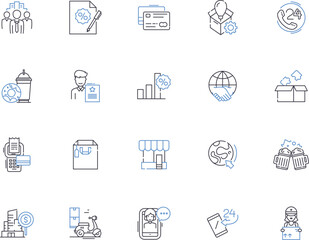 Market outline icons collection. market, trading, stocks, commodities, investing, retail, selling vector and illustration concept set. consumers, demand, supply linear signs