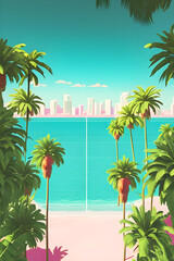 Fototapeta premium 80s vibe tropical beach with palm trees. Generative AI