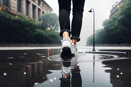 Feet in sports shoes splashing in a rain puddle. Generative AI