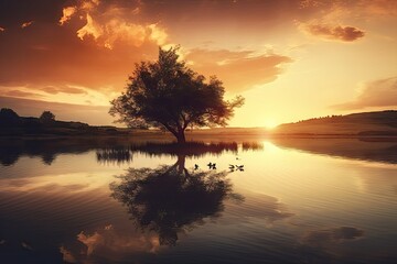 Naklejka na ściany i meble dreamlike scene of beautiful sunset over a peaceful lake, created with generative ai